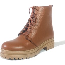 Gdt Ayakkabı Deri Taba Renk Fermuarlı Bağcıklı Kadın Postal Bot