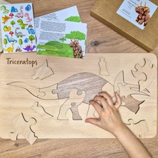 Neweastern Doğal Ahşap Yapboz, Dinozor Puzzle, 12 Parça, Çizim Şablonu, Sticker Etiket Hediyeli, Triceratops
