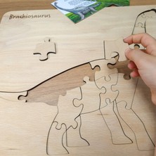 Neweastern Doğal Ahşap Yapboz, Dinozor Puzzle, 12 Parça, Çizim Şablonu, Sticker Etiket Hediyeli, Brachiosaurus