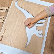 Neweastern Doğal Ahşap Yapboz, Dinozor Puzzle, 12 Parça, Çizim Şablonu, Sticker Etiket Hediyeli, Brachiosaurus