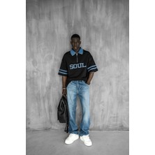 Erkek Denim Polo Yaka Yarım Fermuarlı Oversize T-Shirt Siyah