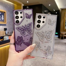 Yuax Samsung Galaxy S24 Ultra Uyumlu Kılıf Taşlı Kelebek Figürlü Yumuşak Silikon Case Beyaz