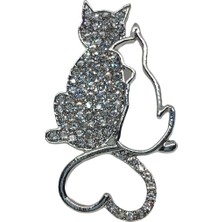 Sibelya Aksesuar Zirkon Taşlı Gümüş Kaplama '' Romantik Kedi Çifti '' Figürlü Broş
