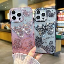 Yuax Apple iPhone 16 Pro Uyumlu Kılıf Taşlı Kelebek Figürlü Yumuşak Silikon Case Pembe