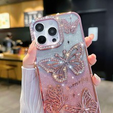 Yuax Apple iPhone 15 Pro Max Uyumlu Kılıf Taşlı Kelebek Figürlü Yumuşak Silikon Case Pembe