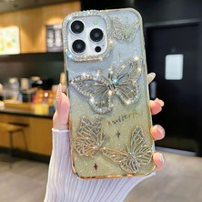 Yuax Apple iPhone 14 Uyumlu Kılıf Taşlı Kelebek Figürlü Yumuşak Silikon Case Sarı