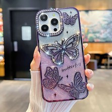 Yuax Apple iPhone 15 Pro Max Uyumlu Kılıf Taşlı Kelebek Figürlü Yumuşak Silikon Case Mor