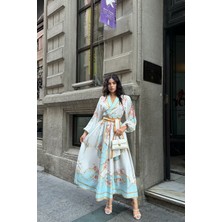 Neşeli Butik Kadın Kuşaklı Midi Boy Desenli Elbise NBMS42149