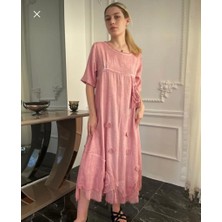 Kadın Pudra Pembe Antik Dokulu Organik Pamuk Otantik Kısa Kollu Uzun Elbise