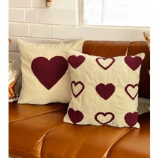 Gaonk Küçük Kalpler ve Büyük Kalp Desenli, Punch Işlemeli Kırlent Kılıfı 40  cm  x 40  cm , 2'li Kırlent Seti