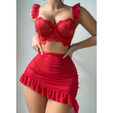 Bleu Petite Kırmızı Transparan Detaylı Etekli Sütyen Takım