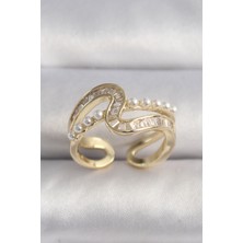 Pirinç Gold Renk Zirkon Taşlı Inci Detay Vıp Seri Kadın Yüzük