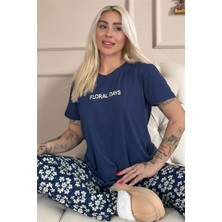 Pijama Evi Lacivert Floral Days Desenli Kısa Kollu Örme Kadın Pijama Takımı