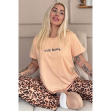 Pijama Evi Karamel Wild Beauty Desenli Kısa Kollu Örme Kadın Pijama Takımı