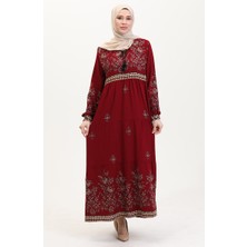 Sefa Merve Büyük Beden Çiçek Desenli Viskon Elbise 4084-09 Bordo