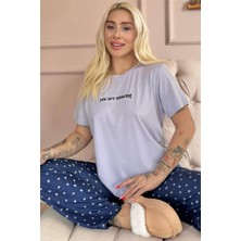 Lila You Are Amazing Desenli Kısa Kollu Örme Kadın Pijama Takımı