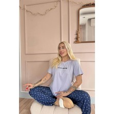 Lila You Are Amazing Desenli Kısa Kollu Örme Kadın Pijama Takımı