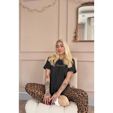 Siyah Born To Be Wild Leopar Desenli Kısa Kollu Örme Kadın Pijama Takımı