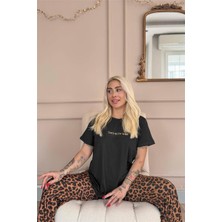 Siyah Born To Be Wild Leopar Desenli Kısa Kollu Örme Kadın Pijama Takımı