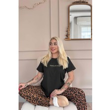 Siyah Born To Be Wild Leopar Desenli Kısa Kollu Örme Kadın Pijama Takımı
