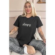 Pijama Evi Siyah Sleepy Desenli Kısa Kollu Kadın Pijama Takımı