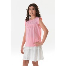 FullaModa Kolu Fırfırlı Çiçek Nakışlı Kız Çocuk Bluz