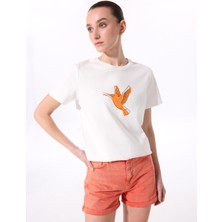 Fabrika Bisiklet Yaka Baskılı Kırık Beyaz Kadın T-Shirt F5SL-TST0390