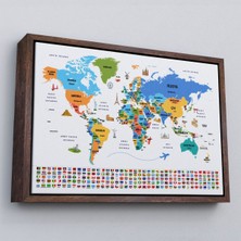 Marsilyan Çerçeveli Türkçe Dünya Haritası Ülke Bayrak ve Başkentli Kanvas TABLO-1966