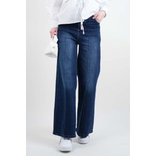 Bayan Bol Paça Kot Pantolon Palazzo Denim Koyu Mavi