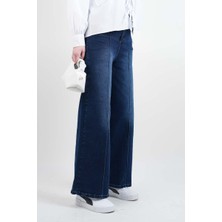Bayan Bol Paça Kot Pantolon Palazzo Denim Koyu Mavi