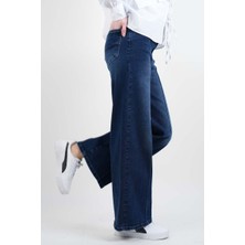 Bayan Bol Paça Kot Pantolon Palazzo Denim Koyu Mavi
