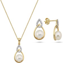 Birinci1926 14  Ayar Altın 6 mm Zirkon Taşlı Damla İçinde Doğal İnci Küpe Kolye İkili Set