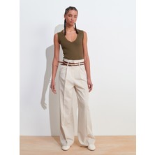 71617 Kemerli Yüksek Bel Pantolon-Taş