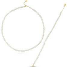 Birinci1926 14 Ayar Altın 5 mm Sıralı Top Barok İnci Kolye Bileklik İkili Set