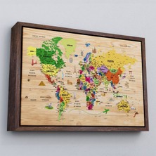 Marsilyan Çerçeveli Ahşap Görünümlü Türkçe Dünya Haritası Sembollü Eğitici Dekoratif Kanvas TABLO-2911