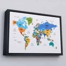 Marsilyan Çerçeveli Türkçe Dünya Haritası Dekoratif Kanvas Tablo Ülke ve BAŞKENTLI-1560