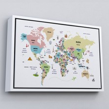 Marsilyan Çerçeveli Türkçe Dünya Haritası Kanvas Tablo Ülke-Başkentli Öğretici ve SEMBOLLÜ-2306