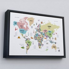 Marsilyan Çerçeveli Dünya Haritası Dekoratif Kanvas Tablo Ülke ve Başkentli Öğretici ve SEMBOLLÜ-2307