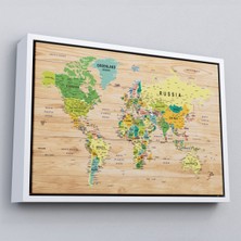 Marsilyan Çerçeveli Ahşap Görünümlü Dünya Haritası Ayrıntılı ve Dekoratif Kanvas TABLO-1791