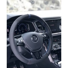 Gürler Oto Kılıf ve Aksesuar Vw Passat Uyumlu Dikmeli Direksiyon Kılıfı Noktalı-Alkantara Mavi Yüzüklü Mavi Ipli