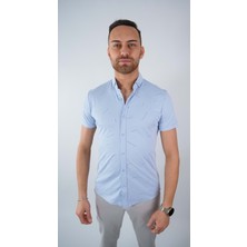 Coonless Erkek Desenli Buz Mavi Kısa Kol Gömlek