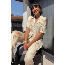 Krem Çiçek Desenli Pijama Takımı