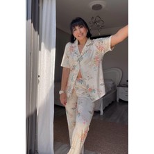Krem Çiçek Desenli Pijama Takımı