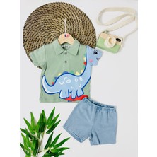 Holstein Dino Önden Çıtçıt Örme Kot Yazlık Takım - Yeşil