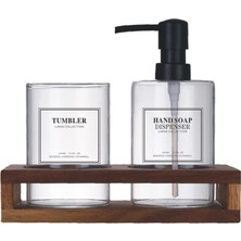 Mien Ahşap Standlı Cam Sıvı Sabunluk Seti - Sıvı Sabun Şişesi & Diş Fırçalığı Banyo Seti (Siyah 550 Ml)