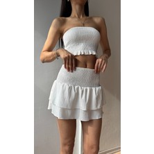 Azimut Giyim Kadın Beyaz Gipeli Fırfırlı Etek Içi Şortlu/ Straplez Üst/ Alt Üst Takım