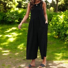 Keten Yazlık Günlük Sırt Dekolteli Salaş Kadın Tulum