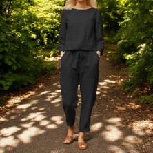 Keten Rahat Beli Kemer Detaylı Kadın Ikili Takım Alt Üst