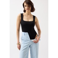 Black Fashion Kare Yaka Kalın Askılı Siyah Bodysuit