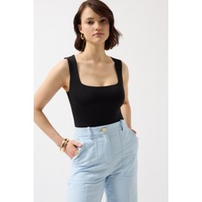 Black Fashion Kare Yaka Kalın Askılı Siyah Bodysuit